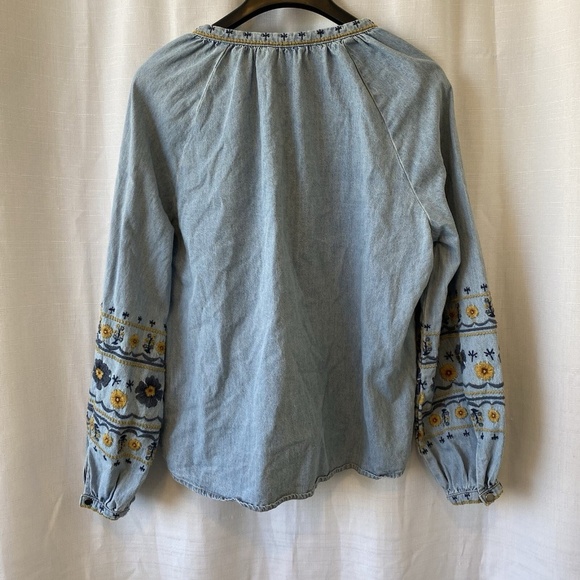 Driftwood Chambray Blouse Womens S Blue Floral Embroidered Long Sleeve Boho - Picture 7 of 11